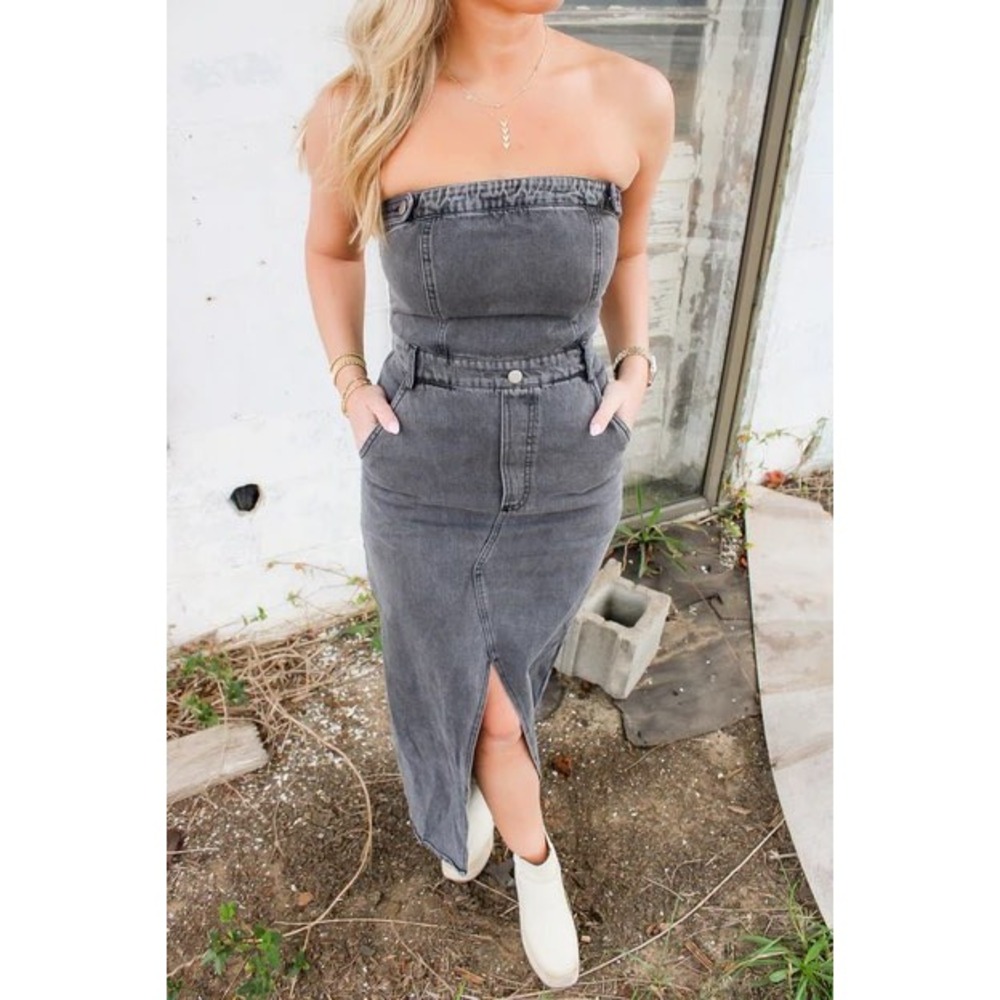 Blue Blush Strapless Denim Midi Dress Washed Black Front Slit Tube Top XS